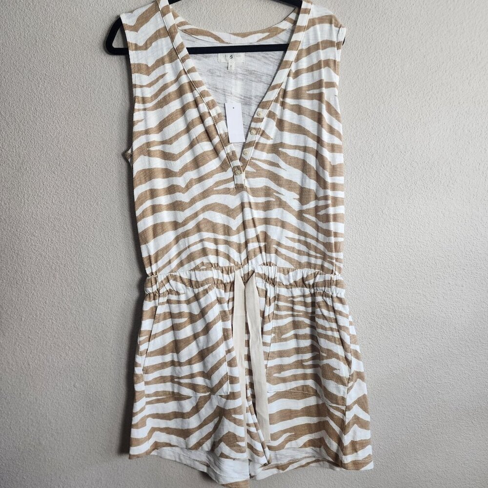 Lou & Grey Romper Womens Medium Tan Zebra Stripe V Neck Henley Elastic Waist